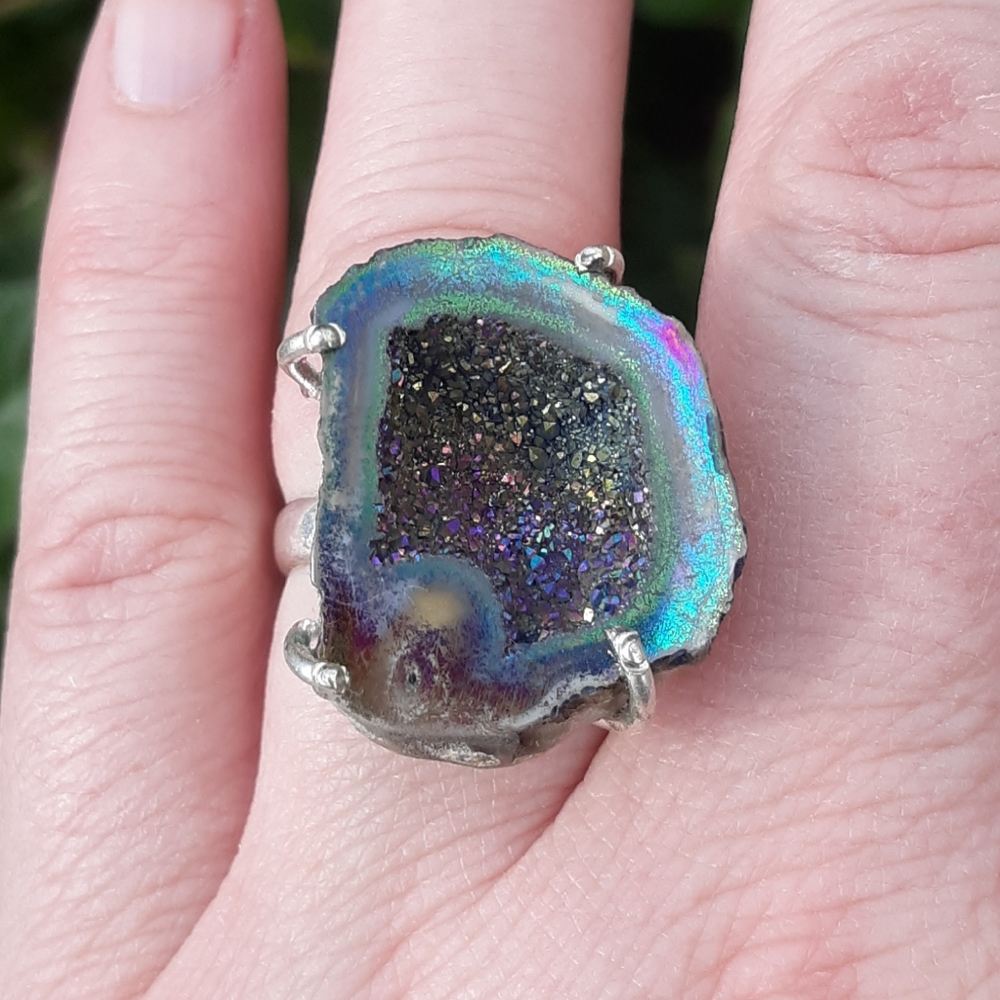 New Titanium Druzy 925 Silver Statement Ring.